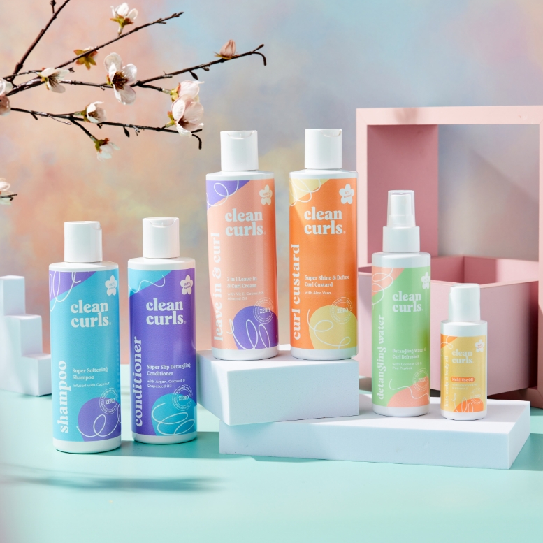 Clean Curls product range - Shampoo, Conditioner, Leave-in & Curl, Curl Custard, Detangling Water and Hair, Scalp & Body Oil